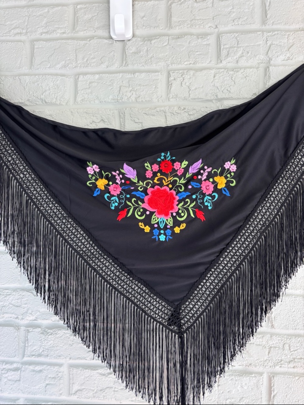 Black Floral Embroidered Fringe Edge Triangular Spanish Style Scarf - Picture 3 of 8